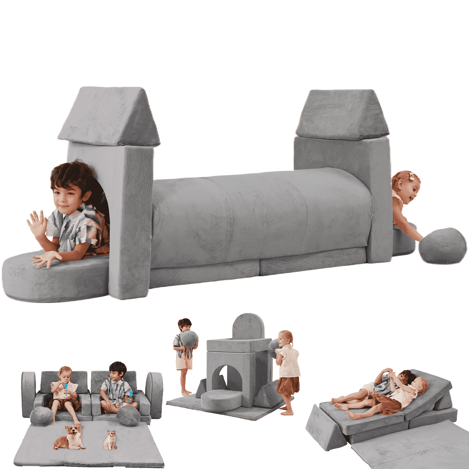 Fairy Baby Toddler Sofa Kids Play Couch, 10-Piece Modular Convertible Foam Reclining Sofa with Gray